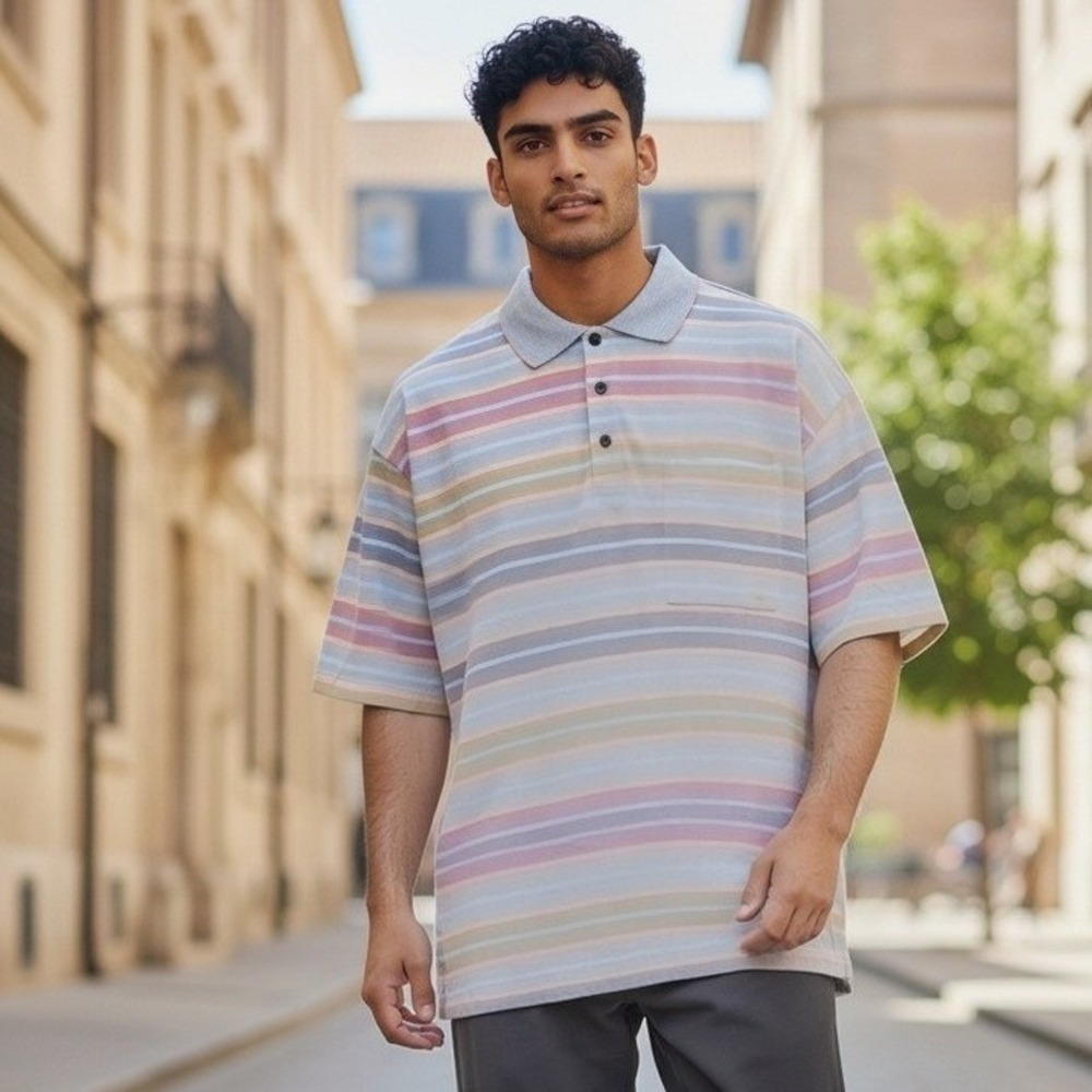 Cotton Traders Mens Large Multicolor Pastel Striped Cotton Short Sleeve Polo